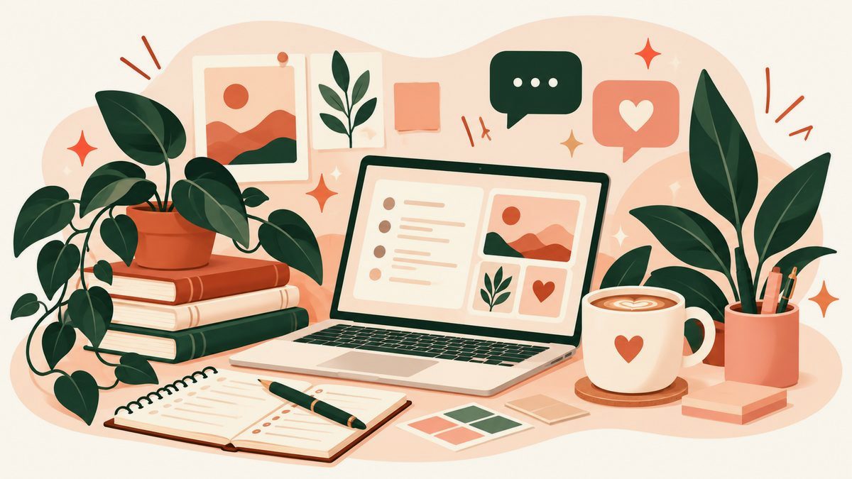 Illustration of a cozy desk with a laptop, notebook, coffee and plants